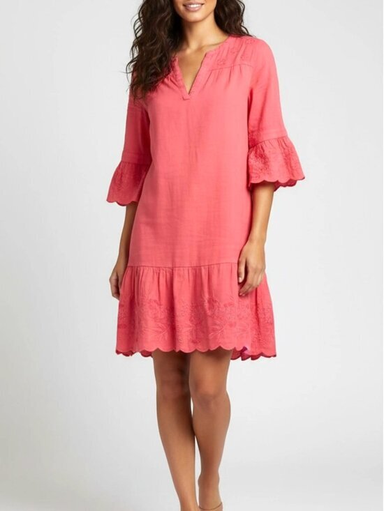 Vineyard Vines Dresses & Skirts - Vineyard Vines Linen Flutter Sleeve Scallop Embroidered Dress in Pink Size 0